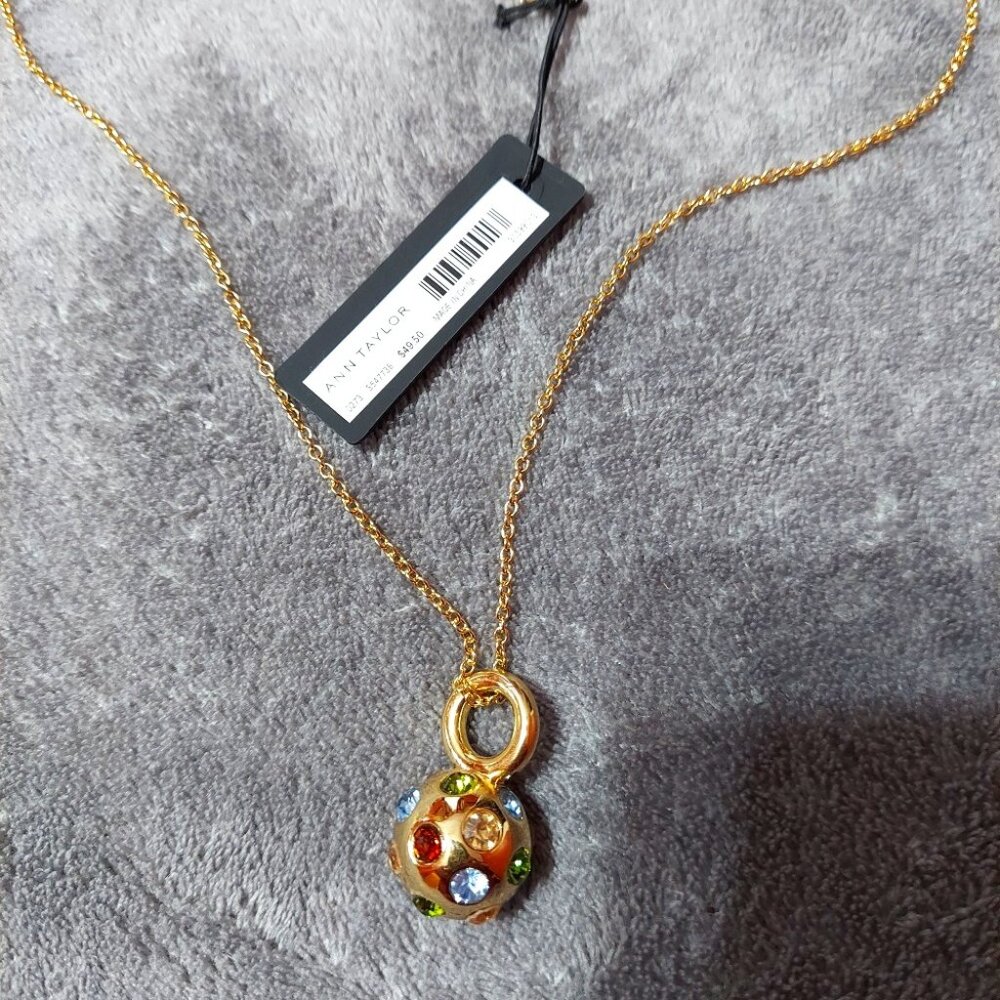 NWT Ann Taylor Gold Tone Long Necklace w/ Multi-Color Stones Ball Pendant